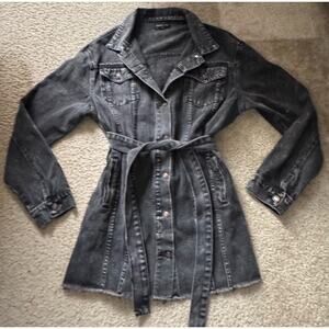 White Fox Black Denim Belted Mini Dress XS/S Raw Hem Long Sleeve Jacket Style